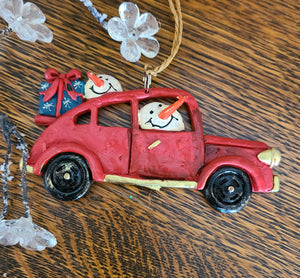 Snowman Riding in Cars Ornaments