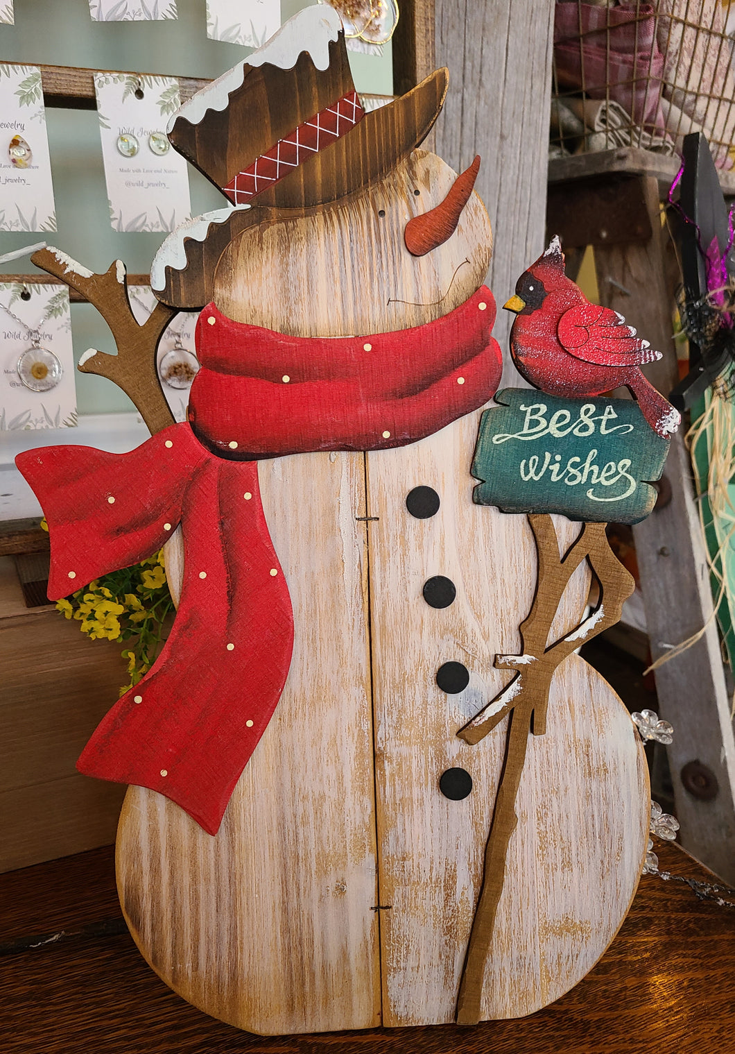 Wood Snowman Easel with Cardinal