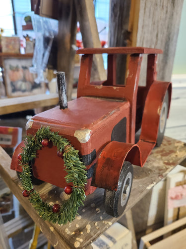 Red Wooden Tractor with Wreath