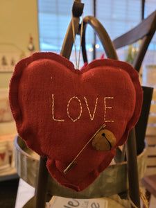 LOVE Red Heart Pillow Ornament with Pin & Bell